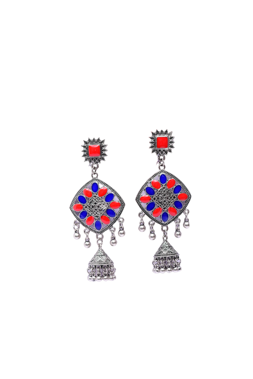 Namokriti Timeless Elegance: Square & Diamond-Shape Silver-Plated Jhumka with Blue and Orange Stones & Hanging Beads